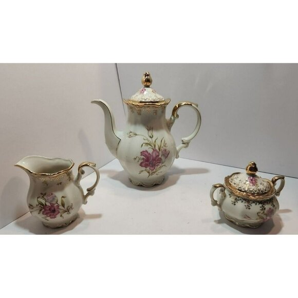 Vtg Mitterteich Bavaria Tea Set 1930's - 1940's Pink Floral w/ Gold Details Trim - Picture 1 of 16